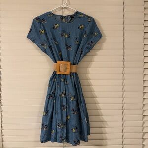 Elegant Blue Floral Midi Dress with Belt